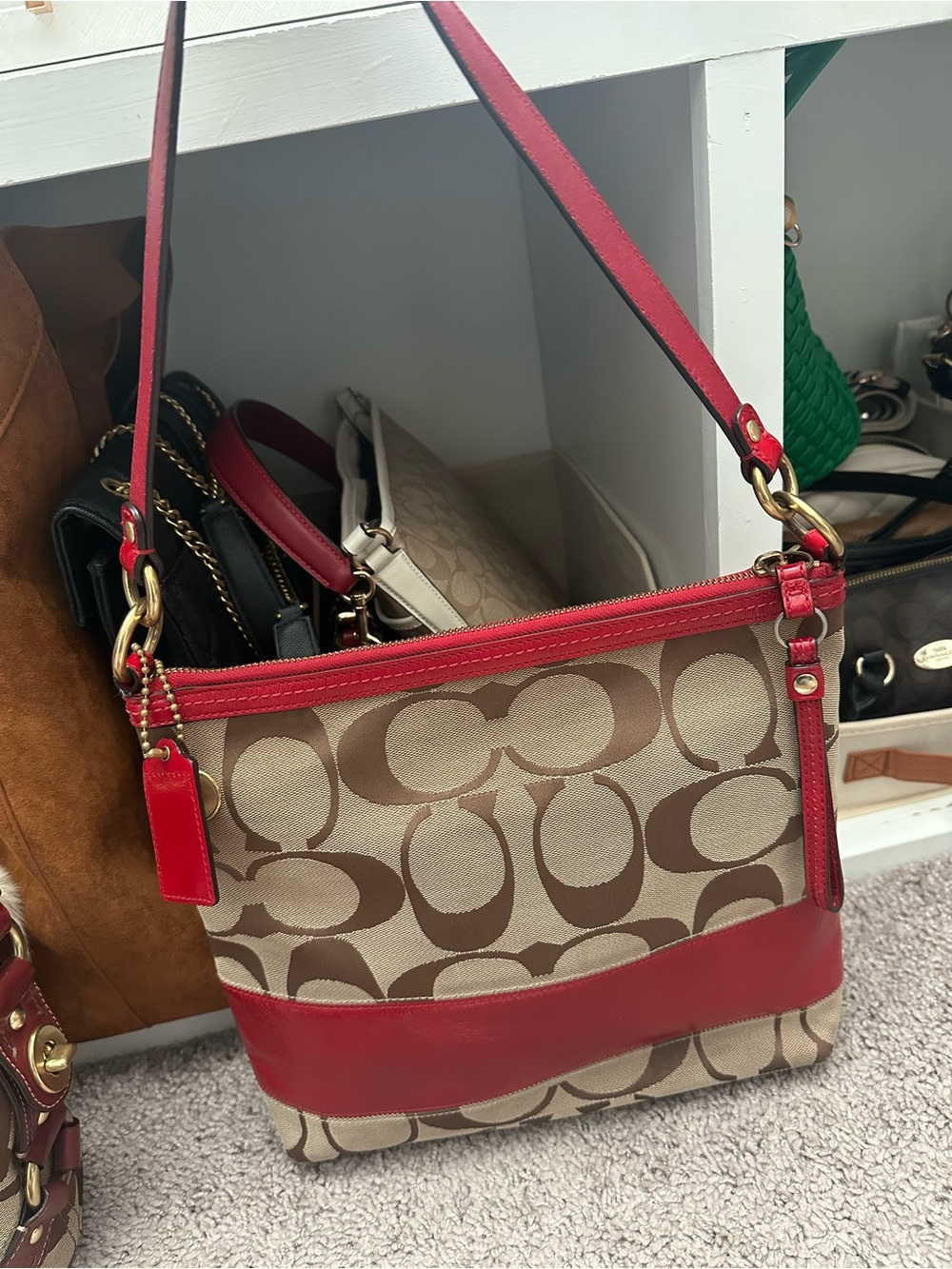 Coach Khaki Signature Canvas Crossbody with Red Leather Trim